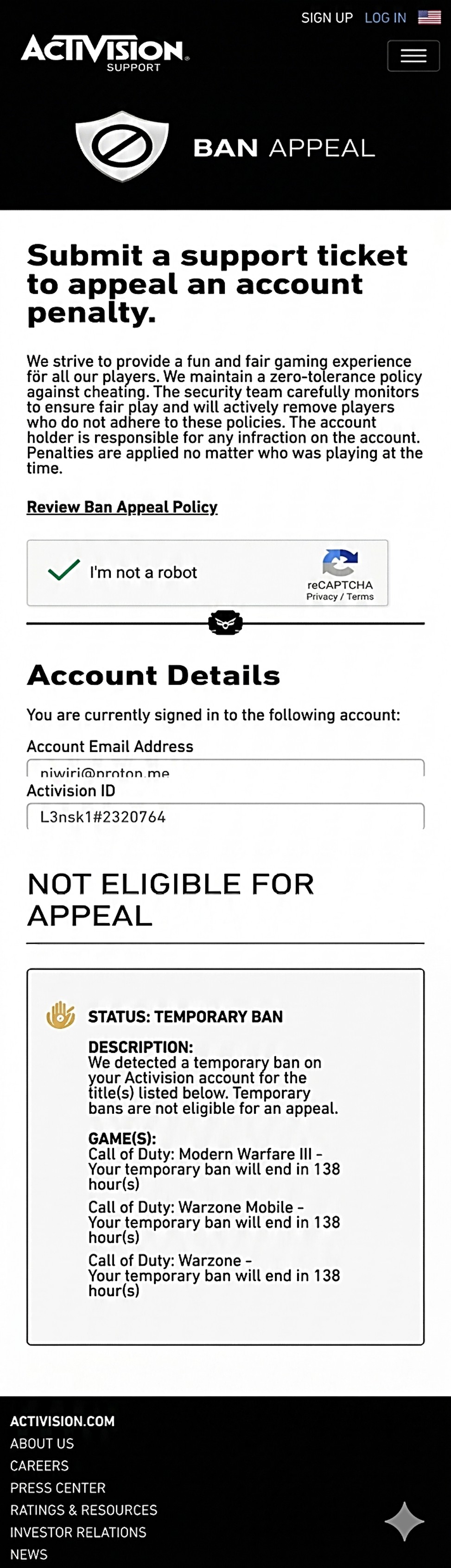 Activision support portal showing ban appeal submission page
